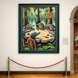 9-0178 | Printable Louisiana Art | Louisiana Swamp Art | Original Art Print | Gator Poker - Louisiana Alligators playing poker in a swamp.

The image depicts a whimsical scene of seven alligators gathered around a poker table in the middle of a swamp. The alligators are anthropomorphized, sitting on wooden chairs with their front legs resting on the table, holding poker chips and cards.