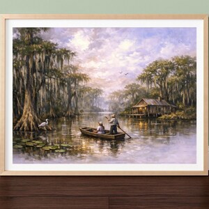 27-029 | Step into the peaceful heart of Louisiana with this tranquil swamp scene. “Life on the Swamp” captures the timeless beauty of a misty bayou at dusk, where a local couple glides quietly through the water in their wooden pirogue.