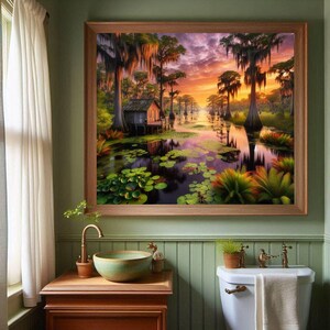 Poster | Louisiana Bayou Sunset Print: Swamp Art, Southern Landscape

This image captures the peaceful beauty of a Louisiana bayou at sunset. The sky is ablaze with rich hues of orange, pink, and purple, reflecting elegantly on the still water below. Towering cypress trees adorned with Spanish moss stand as silent sentinels, their reflections merging with the tranquil surroundings.