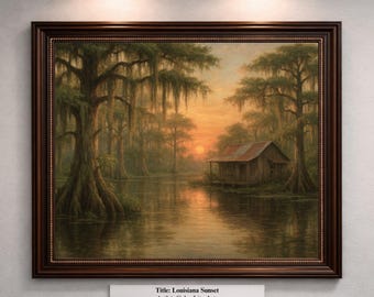 Print Bayou-zonsondergang: Louisiana Swamp Art, rustieke cipreshut (fysieke print)