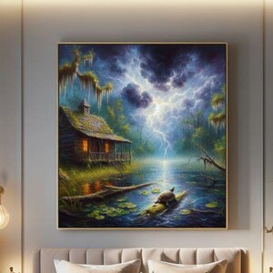 27-007 | Stormy Swamp Print: Turtle in the Storm – Louisiana Bayou Thunderstorms oil painting print (Digital Download)

Capture the haunting beauty of a Louisiana swamp in this high-resolution digital print, “Turtle in the Storm.” A rustic cabin glows warmly against a backdrop of lightning-split skies, moss-draped trees, and tranquil waters. In the foreground, a turtle rests on a mossy log surrounded by lily pads, embodying resilience and calm amid nature’s fury.