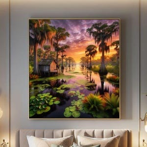 Poster | Louisiana Bayou Sunset Print: Swamp Art, Southern Landscape

This image captures the peaceful beauty of a Louisiana bayou at sunset. The sky is ablaze with rich hues of orange, pink, and purple, reflecting elegantly on the still water below. Towering cypress trees adorned with Spanish moss stand as silent sentinels, their reflections merging with the tranquil surroundings.