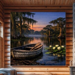 27-036 | Whispers of the Bayou | Louisiana bayou print, Southern Twilight Landscape Art (Digital Download)

A quiet hush settles over the Louisiana bayou as twilight drifts across still water. Mist rises between ancient cypress trees draped in long strands of Spanish moss, their reflections stretching across the glassy surface.