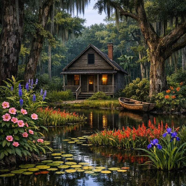 27-030 | Louisiana Bayou Art - Rustic Cabin Wall Print, Springtime on the bayou, (Digital Download). Step into the quiet beauty of a Louisiana spring morning with this richly detailed bayou art print. A rustic wooden cabin rests beside a calm pond surrounded by blooming hibiscus, lily pads, and moss-draped cypress trees.