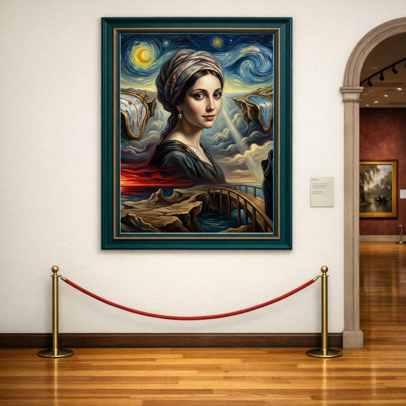 32-006 | Surreal Portrait Wall Art | Dreamlike Landscape with Melting Clocks, Fantasy Ocean Scene, (Digital Download)

Transform your space with this Surreal Wall Art Print, a stunning fusion of Van Gogh’s swirling Starry Night sky, Salvador Dalí’s melting clocks, and the timeless elegance of the Girl with a Pearl Earring.