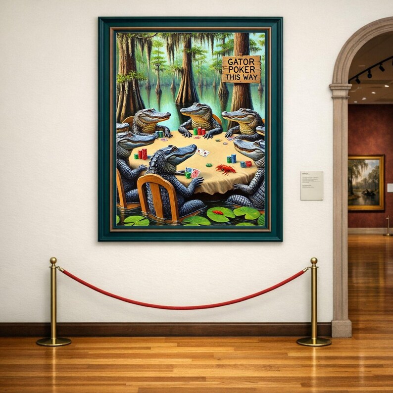 9-0178 | Printable Louisiana Art | Louisiana Swamp Art | Original Art Print | Gator Poker - Louisiana Alligators playing poker in a swamp.

The image depicts a whimsical scene of seven alligators gathered around a poker table in the middle of a swamp. The alligators are anthropomorphized, sitting on wooden chairs with their front legs resting on the table, holding poker chips and cards.