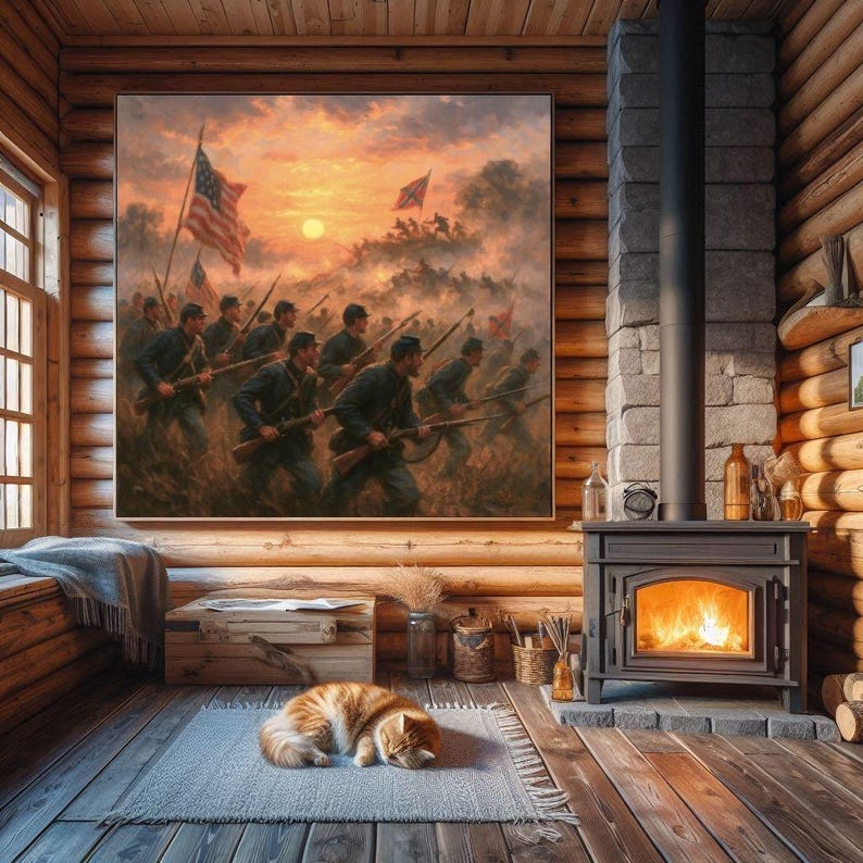May include: A large framed painting depicts a historical battle scene with soldiers and American flags under a sunset sky. The painting hangs above a fireplace in a rustic cabin setting. An orange tabby cat rests on a rug in front of the fireplace.