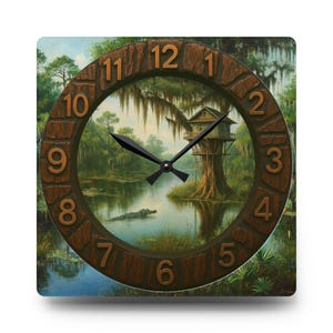 Louisiana Bayou Acrylic Wall Clock | 10.75 Inch Square Clock | Cajun and Swamp Country Decor | Tranquil Louisiana Swamp | Rustic Home Decor.