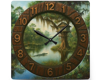 Louisiana Bayou Acrylic Wall Clock: Cajun Swamp Decor, 10.75" Square