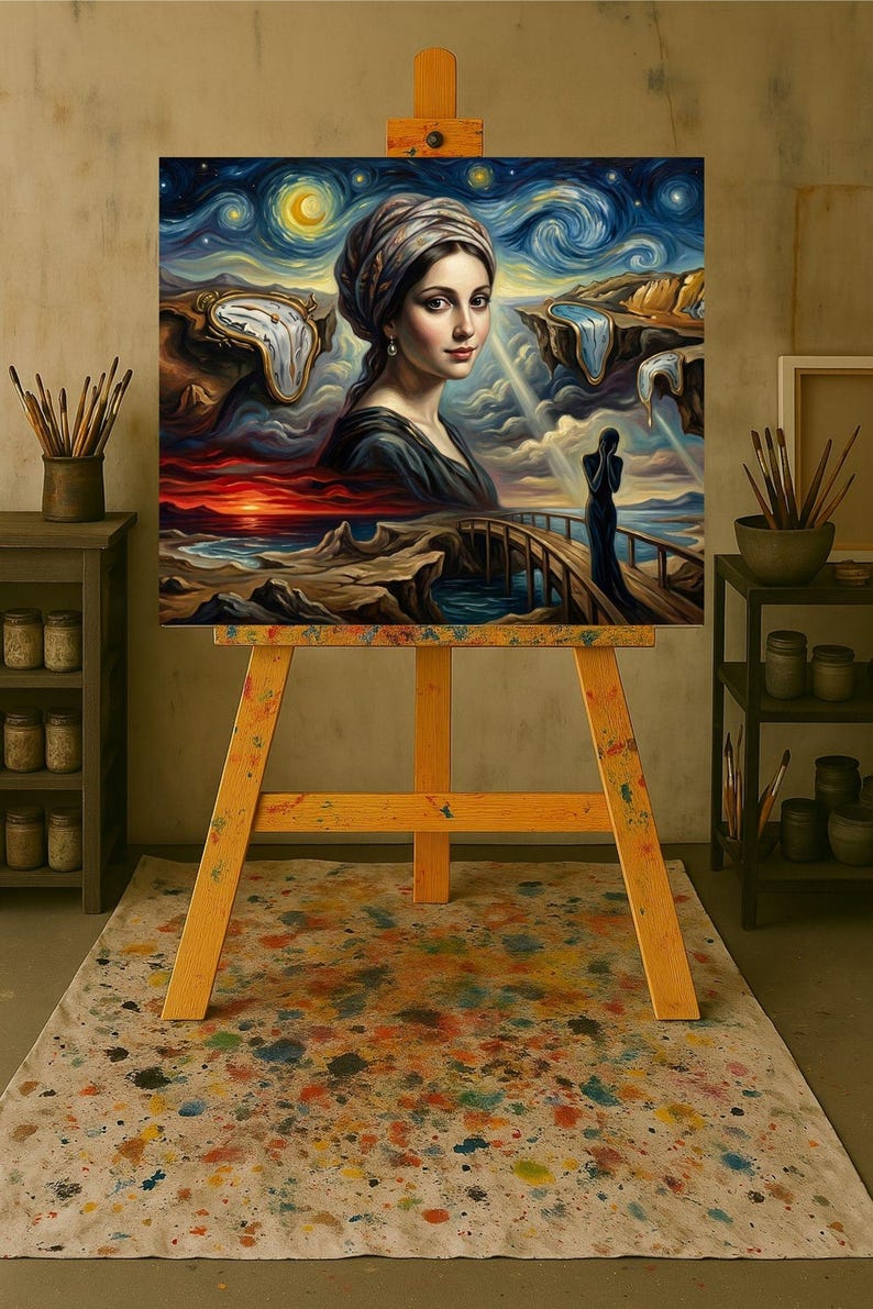 32-006 | Surreal Wall Art Print | Van Gogh Starry Night Style | Dali Melting Clocks Painting | Girl with Pearl Earring Fusion (Digital Download)

Transform your space with this Surreal Wall Art Print, a stunning fusion of Van Gogh’s swirling Starry Night sky, Salvador Dalí’s melting clocks, and the timeless elegance of the Girl with a Pearl Earring.