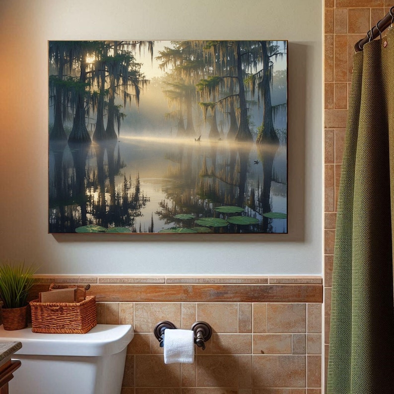 27-006 | Bayou Sunrise Print: Louisiana Bayou Art, Misty Swamp Cypress Trees (Digital Download)

A tranquil Louisiana swamp awakens beneath a golden sunrise, where cypress trees draped in Spanish moss stand like ancient sentinels over still waters. Mist curls gently above the surface, softening reflections and lending a dreamlike hush to the scene.