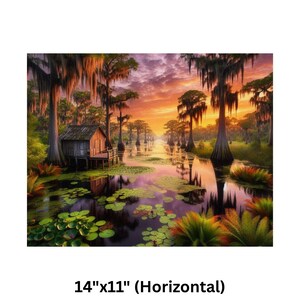 Poster | Louisiana Bayou Sunset Print: Swamp Art, Southern Landscape

This image captures the peaceful beauty of a Louisiana bayou at sunset. The sky is ablaze with rich hues of orange, pink, and purple, reflecting elegantly on the still water below. Towering cypress trees adorned with Spanish moss stand as silent sentinels, their reflections merging with the tranquil surroundings.