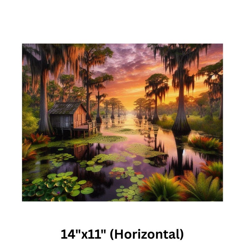 Poster | Louisiana Bayou Sunset Print: Swamp Art, Southern Landscape

This image captures the peaceful beauty of a Louisiana bayou at sunset. The sky is ablaze with rich hues of orange, pink, and purple, reflecting elegantly on the still water below. Towering cypress trees adorned with Spanish moss stand as silent sentinels, their reflections merging with the tranquil surroundings.