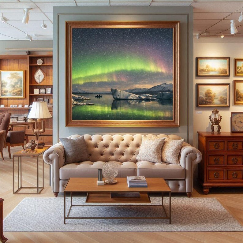 24-048 | Aurora Borealis Art, Reflections, Stargazers on the Ice, Northern Lights Print, Nature photography (Digital Download)

Experience the wonder of the northern lights with Aurora Reflections, a breathtaking fine‑art print capturing two stargazers adrift beneath a glowing Arctic sky. This Aurora Borealis scene blends vivid greens, soft pinks, and pale yellows reflected in still glacial waters — a moment of serenity and awe.