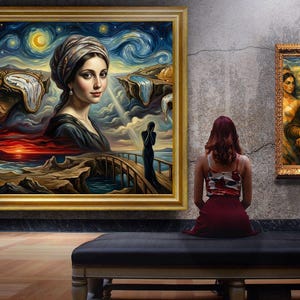 32-006 | Surreal Portrait Wall Art | Dreamlike Landscape with Melting Clocks, Fantasy Ocean Scene, (Digital Download)

Transform your space with this Surreal Wall Art Print, a stunning fusion of Van Gogh’s swirling Starry Night sky, Salvador Dalí’s melting clocks, and the timeless elegance of the Girl with a Pearl Earring.