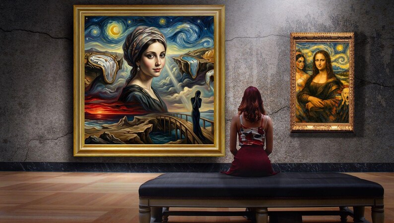 32-006 | Surreal Portrait Wall Art | Dreamlike Landscape with Melting Clocks, Fantasy Ocean Scene, (Digital Download)

Transform your space with this Surreal Wall Art Print, a stunning fusion of Van Gogh’s swirling Starry Night sky, Salvador Dalí’s melting clocks, and the timeless elegance of the Girl with a Pearl Earring.