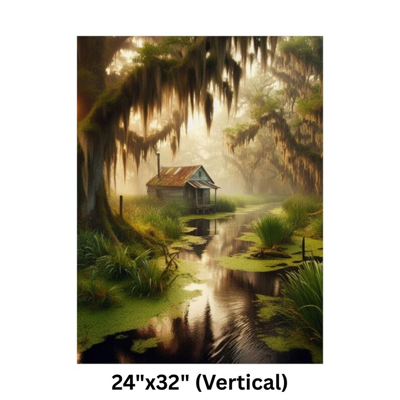 9-0128 | Louisiana Art | Southern Paradise - Rustic Louisiana Bayou Hideaway, Backwoods Bayou Art | Cajun Country Artwork. Poster printed on Museum-grade 300gsm satin paper will be shipped to your chosen address within the United States.

Bring the mysterious beauty of the Southern bayou into your home with this atmospheric art print featuring a rustic wooden cabin nestled in a misty swamp. Spanish moss drapes from ancient cypress trees as golden sunlight filters through the morning fog