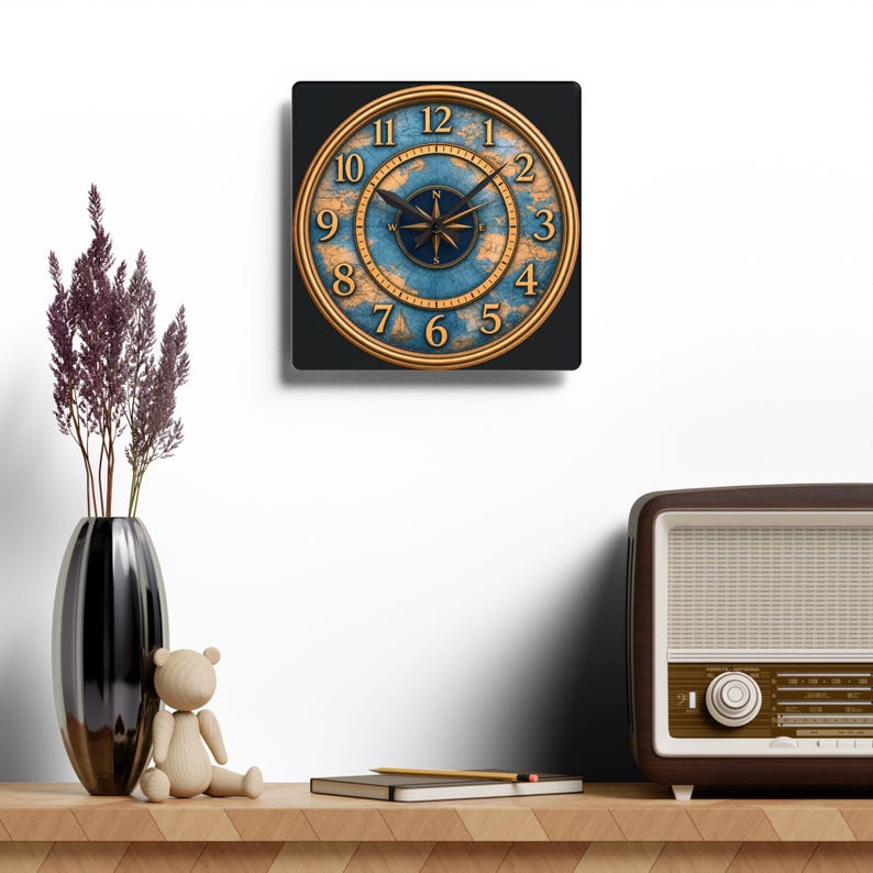 Vintage Nautical Compass Map Acrylic Wall Clock | Ocean Travel Decoration

Bring a touch of old-world navigation into your room with this acrylic wall clock. The rich brass tones and weathered blue map face evoke quiet afternoons studying charts and tracing routes across the sea. Lightweight but durable, the clock’s glossy acrylic surface keeps colors vivid while the built-in hanging slot makes mounting effortless.