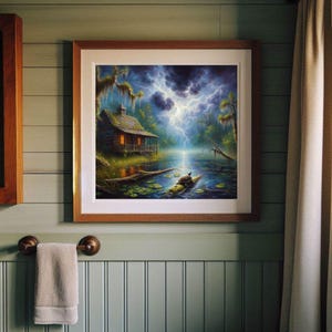 27-007 | Stormy Swamp Print: Turtle in the Storm – Louisiana Bayou Thunderstorms oil painting print (Digital Download)

Capture the haunting beauty of a Louisiana swamp in this high-resolution digital print, “Turtle in the Storm.” A rustic cabin glows warmly against a backdrop of lightning-split skies, moss-draped trees, and tranquil waters. In the foreground, a turtle rests on a mossy log surrounded by lily pads, embodying resilience and calm amid nature’s fury.