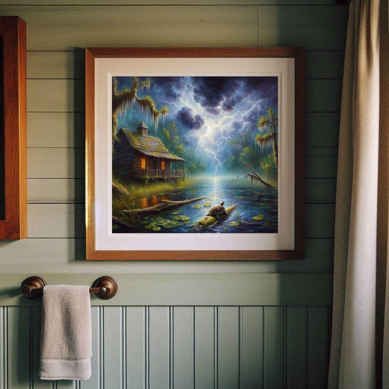 27-007 | Stormy Swamp Print: Turtle in the Storm – Louisiana Bayou Thunderstorms oil painting print (Digital Download)

Capture the haunting beauty of a Louisiana swamp in this high-resolution digital print, “Turtle in the Storm.” A rustic cabin glows warmly against a backdrop of lightning-split skies, moss-draped trees, and tranquil waters. In the foreground, a turtle rests on a mossy log surrounded by lily pads, embodying resilience and calm amid nature’s fury.