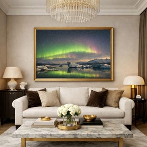 24-048 | Aurora Borealis Art, Reflections, Stargazers on the Ice, Northern Lights Print, Nature photography (Digital Download)

Experience the wonder of the northern lights with Aurora Reflections, a breathtaking fine‑art print capturing two stargazers adrift beneath a glowing Arctic sky. This Aurora Borealis scene blends vivid greens, soft pinks, and pale yellows reflected in still glacial waters — a moment of serenity and awe.