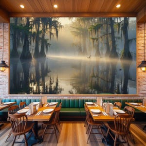 27-006 | Bayou Sunrise Print: Louisiana Bayou Art, Misty Swamp Cypress Trees (Digital Download)

A tranquil Louisiana swamp awakens beneath a golden sunrise, where cypress trees draped in Spanish moss stand like ancient sentinels over still waters. Mist curls gently above the surface, softening reflections and lending a dreamlike hush to the scene.