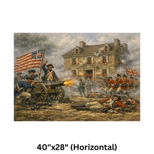 May include: A historical painting showing a battle scene with soldiers firing cannons and muskets. The American flag waves in the background, with a large stone building in the center. The artwork measures 101.6cm x 71.1cm (Horizontal).