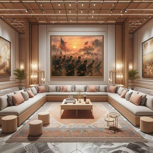 May include: A luxurious living room featuring a large U-shaped sofa with peach-colored pillows, a patterned rug, and a wooden coffee table. The focal point is a large painting depicting a battle scene with soldiers and flags.
