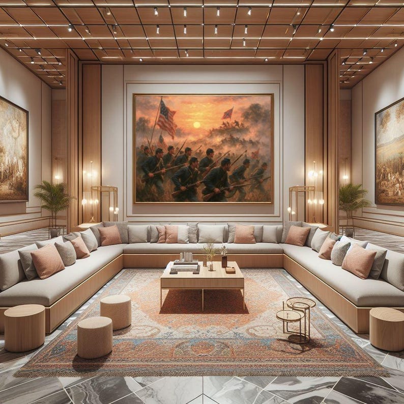 May include: A luxurious living room featuring a large U-shaped sofa with peach-colored pillows, a patterned rug, and a wooden coffee table. The focal point is a large painting depicting a battle scene with soldiers and flags.