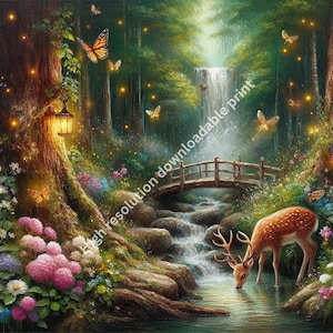 Fantasy Forest Wall Art – Enchanted Forest Painting Print with Mystical Deer and Stream Artwork | Magical Forest Decor.