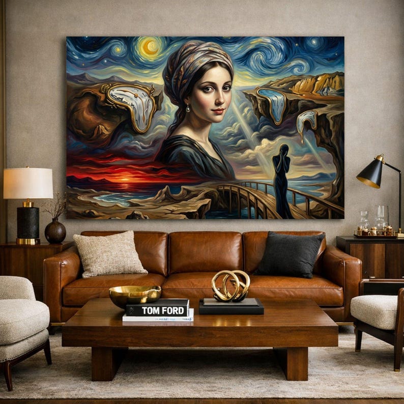 32-006 | Surreal Portrait Wall Art | Dreamlike Landscape with Melting Clocks, Fantasy Ocean Scene, (Digital Download)

Transform your space with this Surreal Wall Art Print, a stunning fusion of Van Gogh’s swirling Starry Night sky, Salvador Dalí’s melting clocks, and the timeless elegance of the Girl with a Pearl Earring.