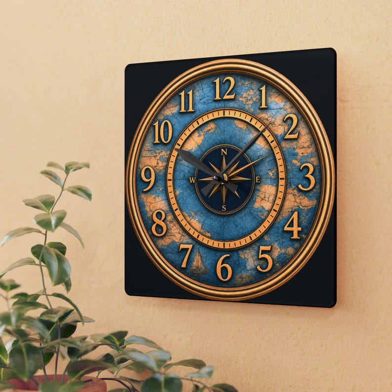 Vintage Nautical Compass Map Acrylic Wall Clock | Ocean Travel Decoration

Bring a touch of old-world navigation into your room with this acrylic wall clock. The rich brass tones and weathered blue map face evoke quiet afternoons studying charts and tracing routes across the sea. Lightweight but durable, the clock’s glossy acrylic surface keeps colors vivid while the built-in hanging slot makes mounting effortless.