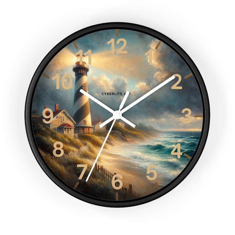 Bring the calm of the shoreline into your home with this beautifully detailed Coastal Lighthouse Wall Clock. The clock face features a serene seaside scene: a classic striped lighthouse standing tall beside a cozy coastal cottage, waves rolling gently onto the shore, and sunlight breaking through soft clouds. It’s a peaceful moment frozen in time — perfect for anyone who feels at home by the water.