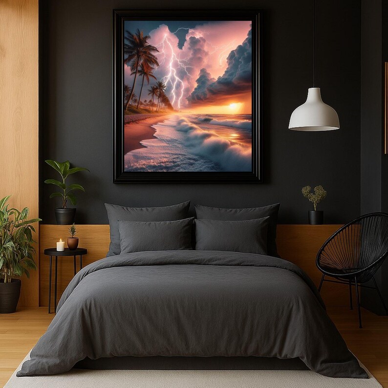4-078 | Tropical Beach Storm Art Print | Lightning Sunset Ocean Wall Decor | Dramatic Seascape Photography.

Capture the raw beauty of nature with this stunning art print of a tropical beach storm. Vivid lightning bolts slash through towering storm clouds, illuminated by the warm glow of a golden sunset. Gentle waves crash against the shore as palm trees sway along the coast, adding serenity to the drama.