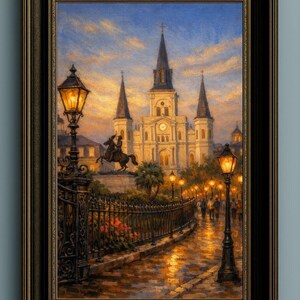 9-0286 | New Orleans Jackson Square Art, St. Louis Cathedral Painting, French Quarter Oil Print, (Digital Download)

Bring the soul of New Orleans into your home with this richly blended oil‑style painting of St. Louis Cathedral at Jackson Square, the most iconic landmark in the French Quarter.
