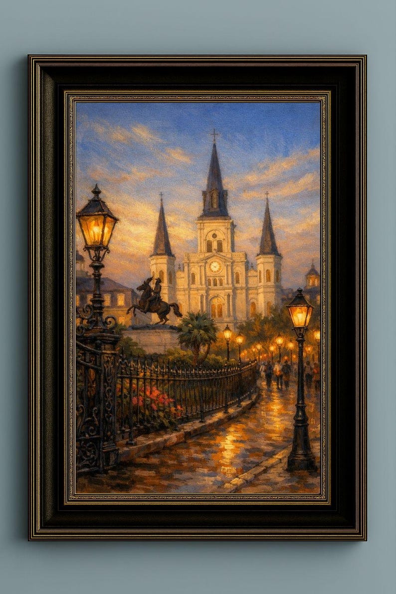9-0286 | New Orleans Jackson Square Art, St. Louis Cathedral Painting, French Quarter Oil Print, (Digital Download)

Bring the soul of New Orleans into your home with this richly blended oil‑style painting of St. Louis Cathedral at Jackson Square, the most iconic landmark in the French Quarter.
