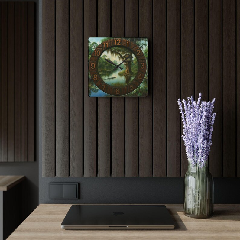 Louisiana Bayou Acrylic Wall Clock | 10.75 Inch Square Clock | Cajun and Swamp Country Decor | Tranquil Louisiana Swamp | Rustic Home Decor.