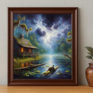 27-007 | Stormy Swamp Print: Turtle in the Storm – Louisiana Bayou Thunderstorms oil painting print (Digital Download)

Capture the haunting beauty of a Louisiana swamp in this high-resolution digital print, “Turtle in the Storm.” A rustic cabin glows warmly against a backdrop of lightning-split skies, moss-draped trees, and tranquil waters. In the foreground, a turtle rests on a mossy log surrounded by lily pads, embodying resilience and calm amid nature’s fury.