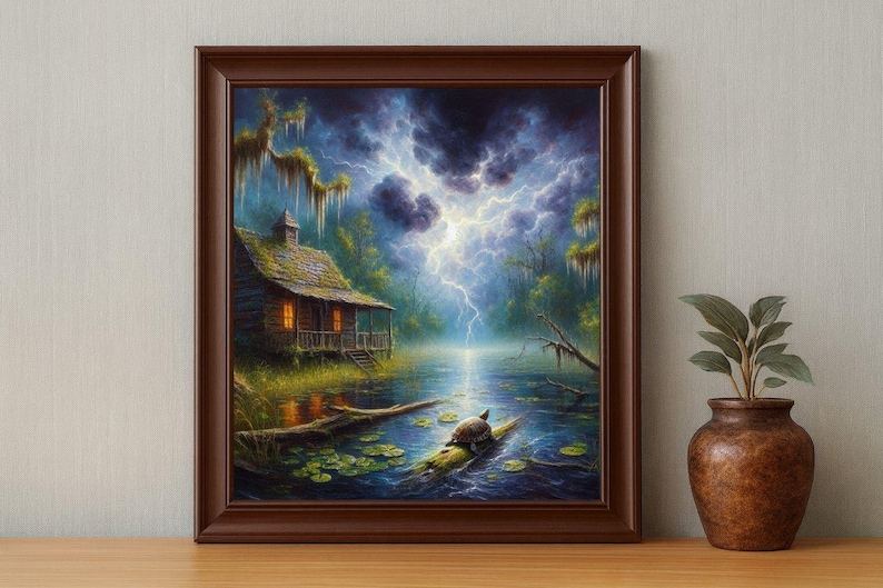 27-007 | Stormy Swamp Print: Turtle in the Storm – Louisiana Bayou Thunderstorms oil painting print (Digital Download)

Capture the haunting beauty of a Louisiana swamp in this high-resolution digital print, “Turtle in the Storm.” A rustic cabin glows warmly against a backdrop of lightning-split skies, moss-draped trees, and tranquil waters. In the foreground, a turtle rests on a mossy log surrounded by lily pads, embodying resilience and calm amid nature’s fury.