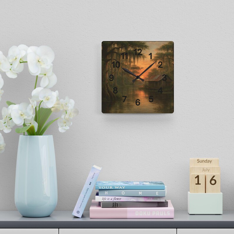 Bayou Sunset Acrylic Wall Clock, Louisiana Art, Rustic Swamp Cabin Art, Nature Print
