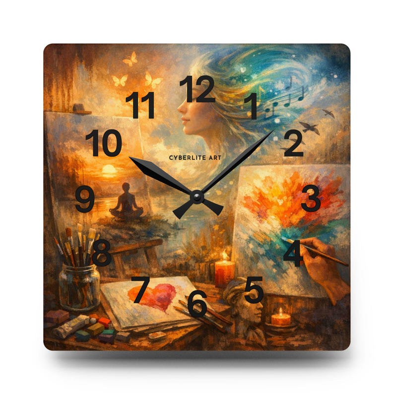 Abstract Art Collage Acrylic Wall Clock – Painter’s Studio Decor, Meditation & Music Art Timepiece

Bring creativity and calm into your space with the Dreamy Artist Collage Acrylic Wall Clock, a museum‑quality timepiece blending surreal artistry and functional design. Featuring a vivid collage of a meditating figure, paintbrushes, candles, and swirling color energy, this clock transforms any studio, gallery, or home office into an inspiring sanctuary.