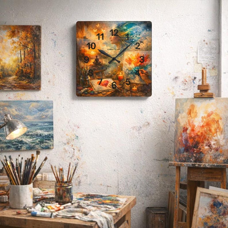 Abstract Art Collage Acrylic Wall Clock – Painter’s Studio Decor, Meditation & Music Art Timepiece

Bring creativity and calm into your space with the Dreamy Artist Collage Acrylic Wall Clock, a museum‑quality timepiece blending surreal artistry and functional design. Featuring a vivid collage of a meditating figure, paintbrushes, candles, and swirling color energy, this clock transforms any studio, gallery, or home office into an inspiring sanctuary.