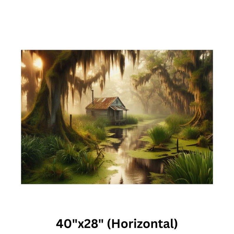 9-0128 | Louisiana Art | Southern Paradise - Rustic Louisiana Bayou Hideaway, Backwoods Bayou Art | Cajun Country Artwork. Poster printed on Museum-grade 300gsm satin paper will be shipped to your chosen address within the United States.

Bring the mysterious beauty of the Southern bayou into your home with this atmospheric art print featuring a rustic wooden cabin nestled in a misty swamp. Spanish moss drapes from ancient cypress trees as golden sunlight filters through the morning fog