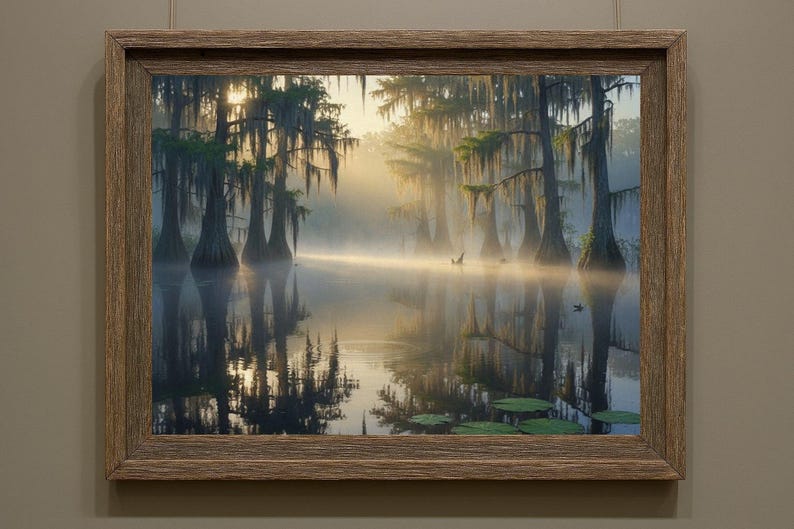 27-006 | Bayou Sunrise Print: Louisiana Bayou Art, Misty Swamp Cypress Trees (Digital Download)

A tranquil Louisiana swamp awakens beneath a golden sunrise, where cypress trees draped in Spanish moss stand like ancient sentinels over still waters. Mist curls gently above the surface, softening reflections and lending a dreamlike hush to the scene.