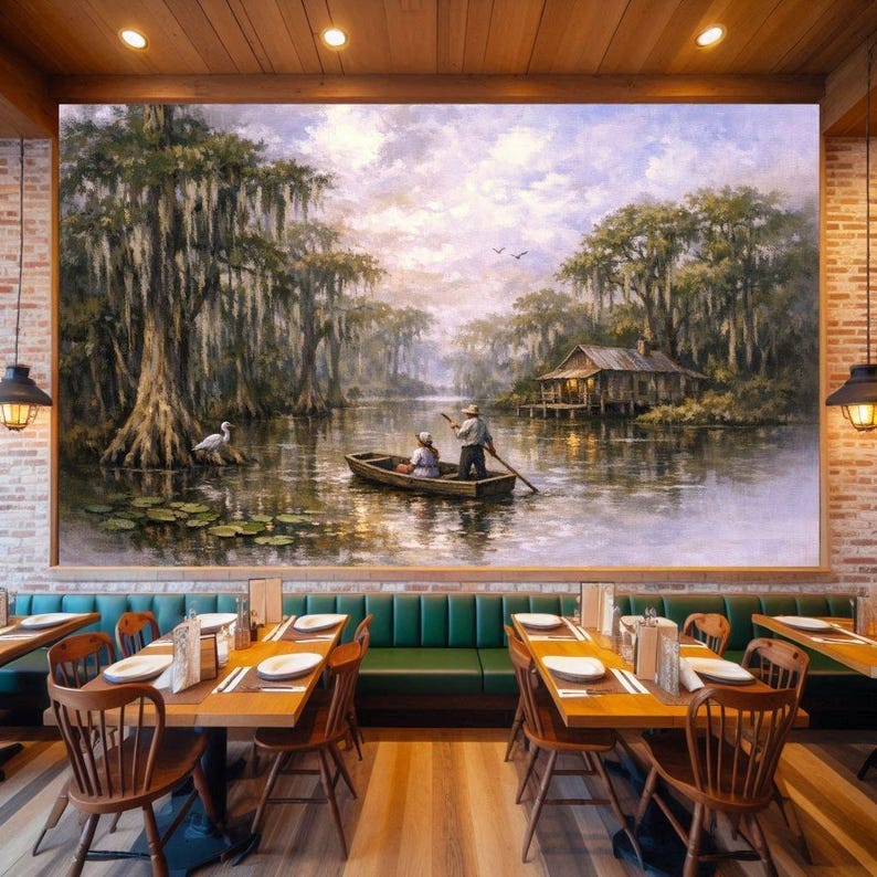 27-029 | Step into the peaceful heart of Louisiana with this tranquil swamp scene. “Life on the Swamp” captures the timeless beauty of a misty bayou at dusk, where a local couple glides quietly through the water in their wooden pirogue.
