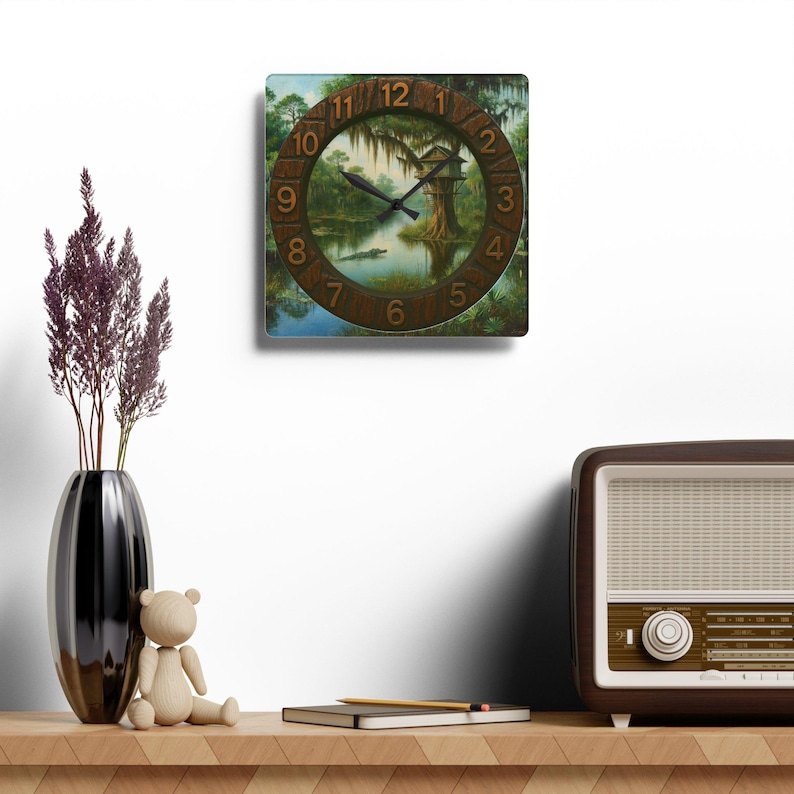 Louisiana Bayou Acrylic Wall Clock | 10.75 Inch Square Clock | Cajun and Swamp Country Decor | Tranquil Louisiana Swamp | Rustic Home Decor.