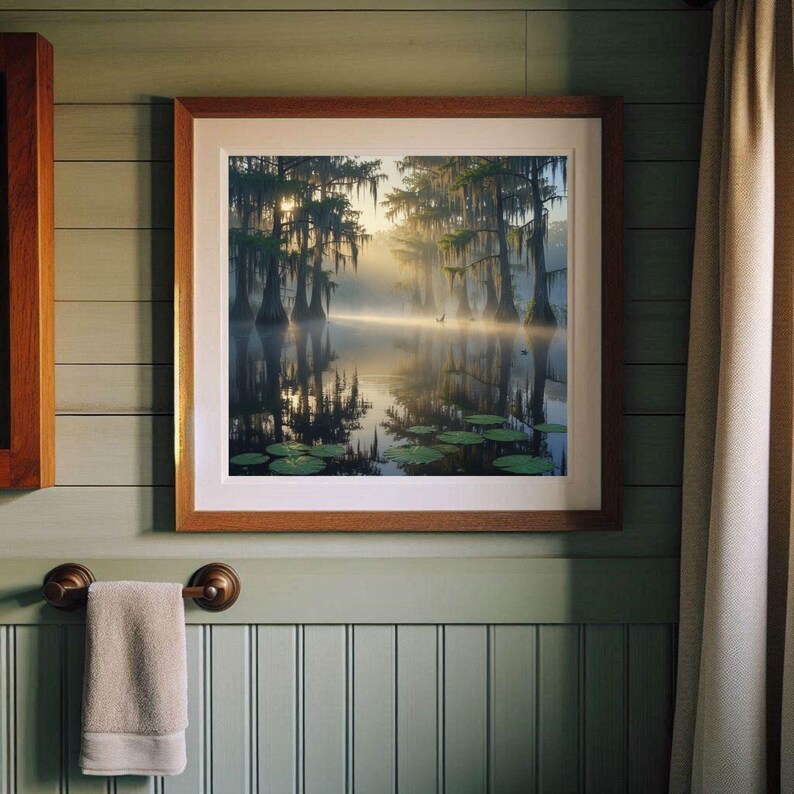 27-006 | Bayou Sunrise Print: Louisiana Bayou Art, Misty Swamp Cypress Trees (Digital Download)

A tranquil Louisiana swamp awakens beneath a golden sunrise, where cypress trees draped in Spanish moss stand like ancient sentinels over still waters. Mist curls gently above the surface, softening reflections and lending a dreamlike hush to the scene.