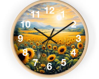 Sunflower Field Wall Clock: Rustic Farmhouse Decor, 10" Floral Art