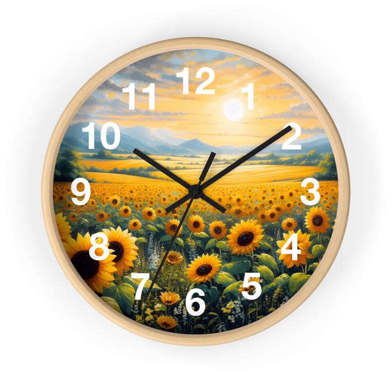 10" Sunflower Field Wall Clock - 10" Rustic Home Decor, Floral Home Decor, Rustic Kitchen Clock, Farmhouse Wall Art, Botanical Clock