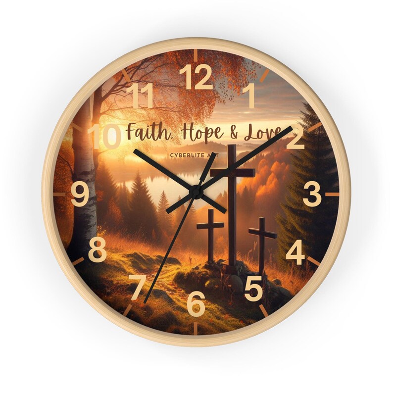 Faith, Hope & Love Wall Clock Print No. 9-113, Autumn Foliage Clock with Faith, Hope and Love written on clock face, Fall Foliage Clock.